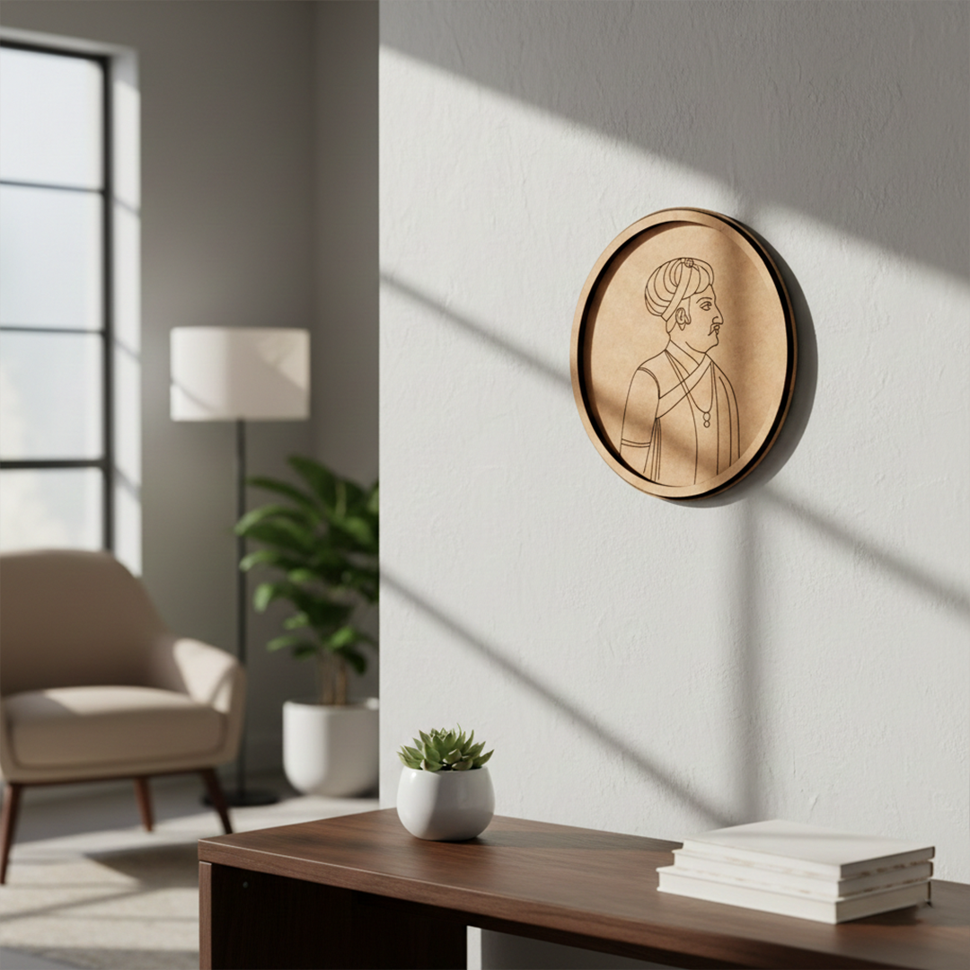 MDF Bordered Pre Marked Royal Portrait Base round board with engraved historical portrait design hanging on wall