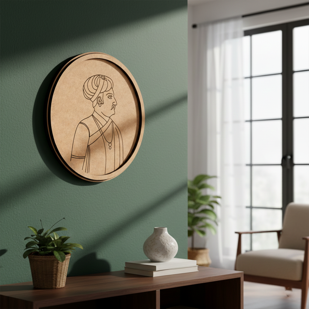 MDF Bordered Pre Marked Royal Portrait Base round board with engraved historical portrait design hanging on wall