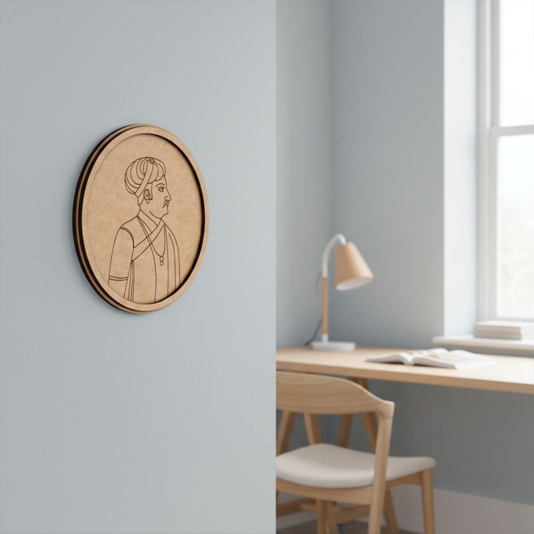 MDF Bordered Pre Marked Royal Portrait Base round board with engraved historical portrait design hanging on wall