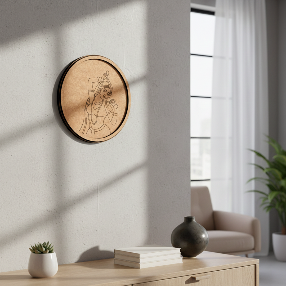 MDF Bordered Pre Marked Dancing Lady Base round board with engraved classical dancer design hanging on wall