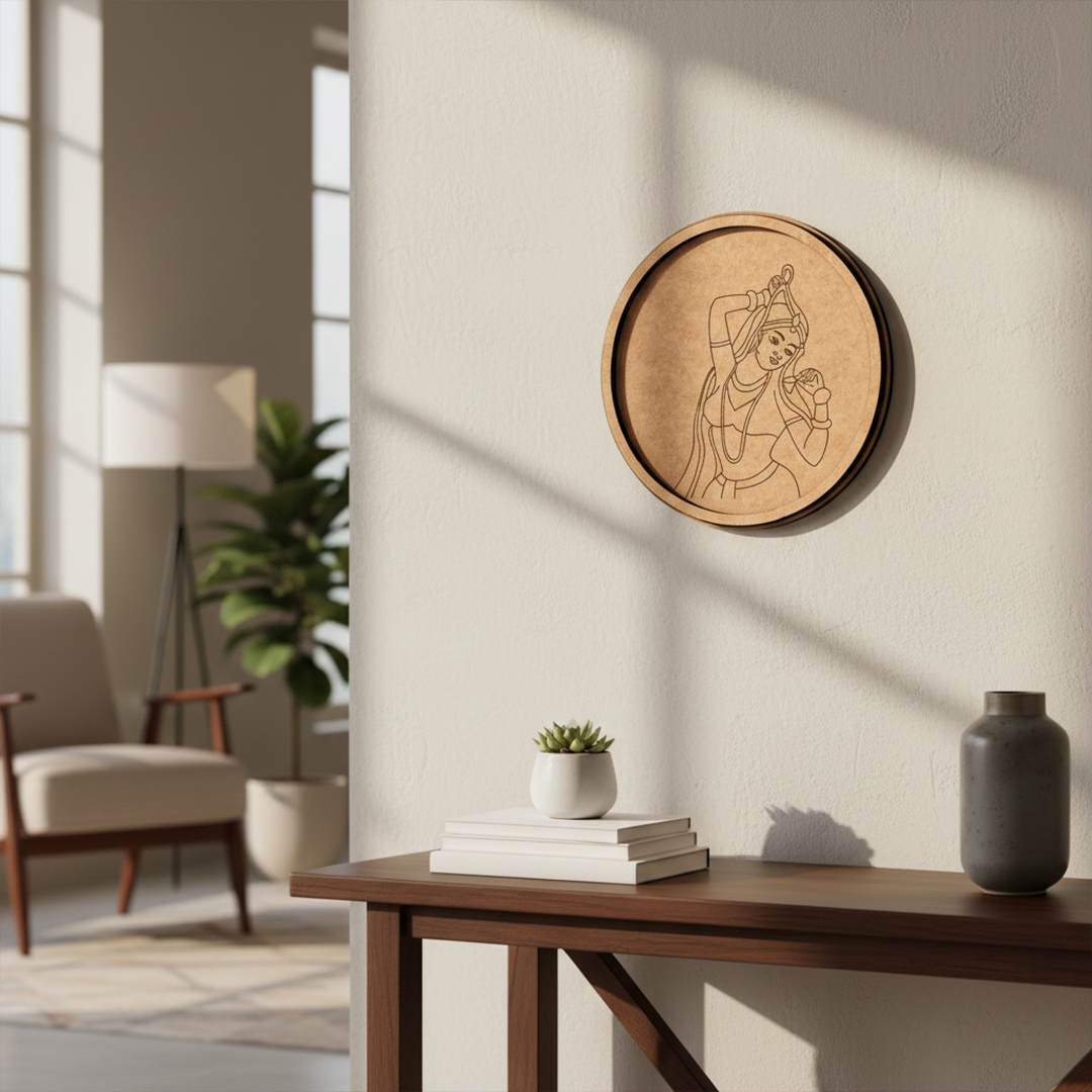 MDF Bordered Pre Marked Dancing Lady Base round board with engraved classical dancer design hanging on wall