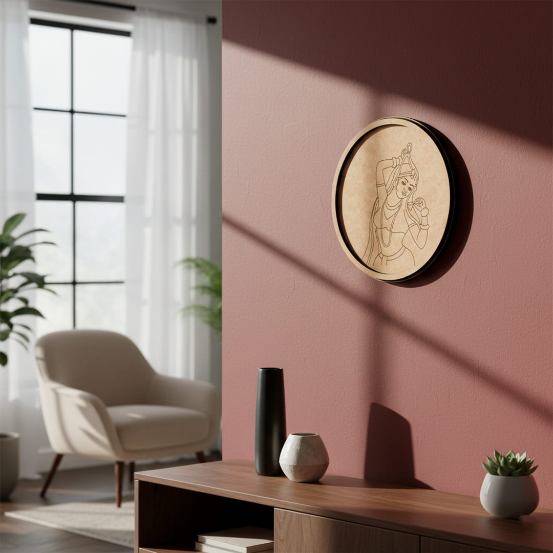 MDF Bordered Pre Marked Dancing Lady Base round board with engraved classical dancer design hanging on wall