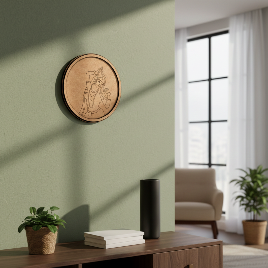 MDF Bordered Pre Marked Dancing Lady Base round board with engraved classical dancer design hanging on wall