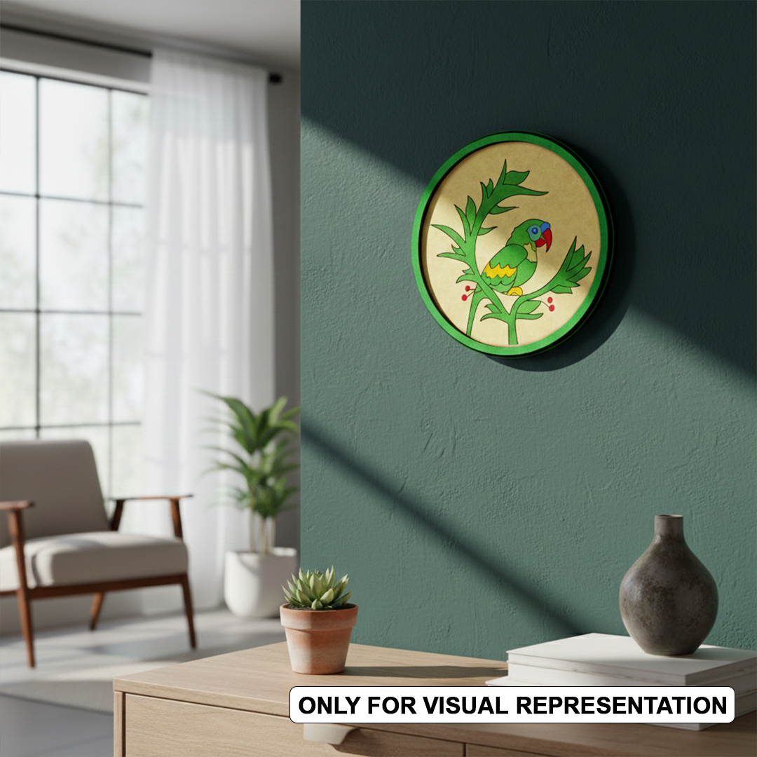 Round MDF board with painted  pre marked parrot on branch design for DIY painting hanging on a wall