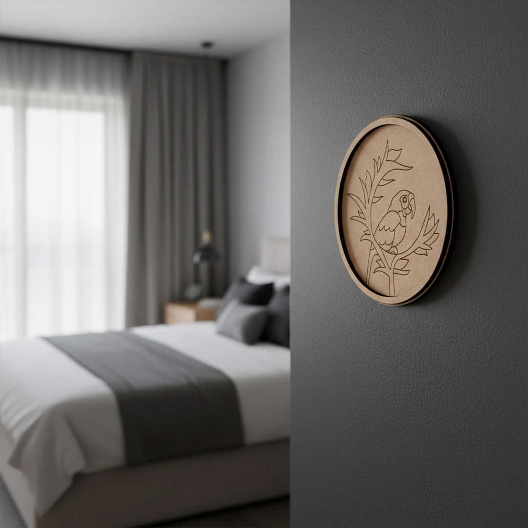 Round MDF board with pre marked parrot on branch design for DIY painting hanging on a wall