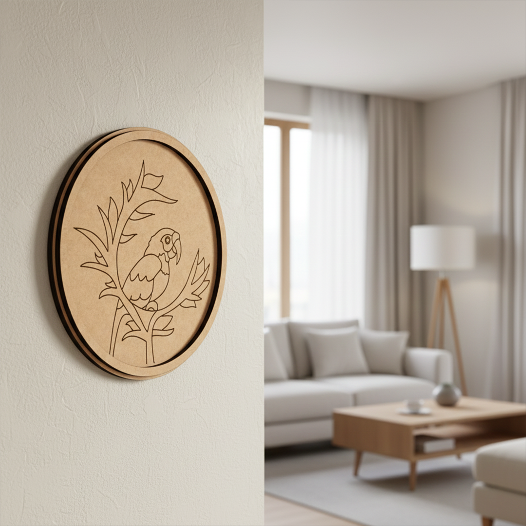 Round MDF board with pre marked parrot on branch design for DIY painting hanging on a wall