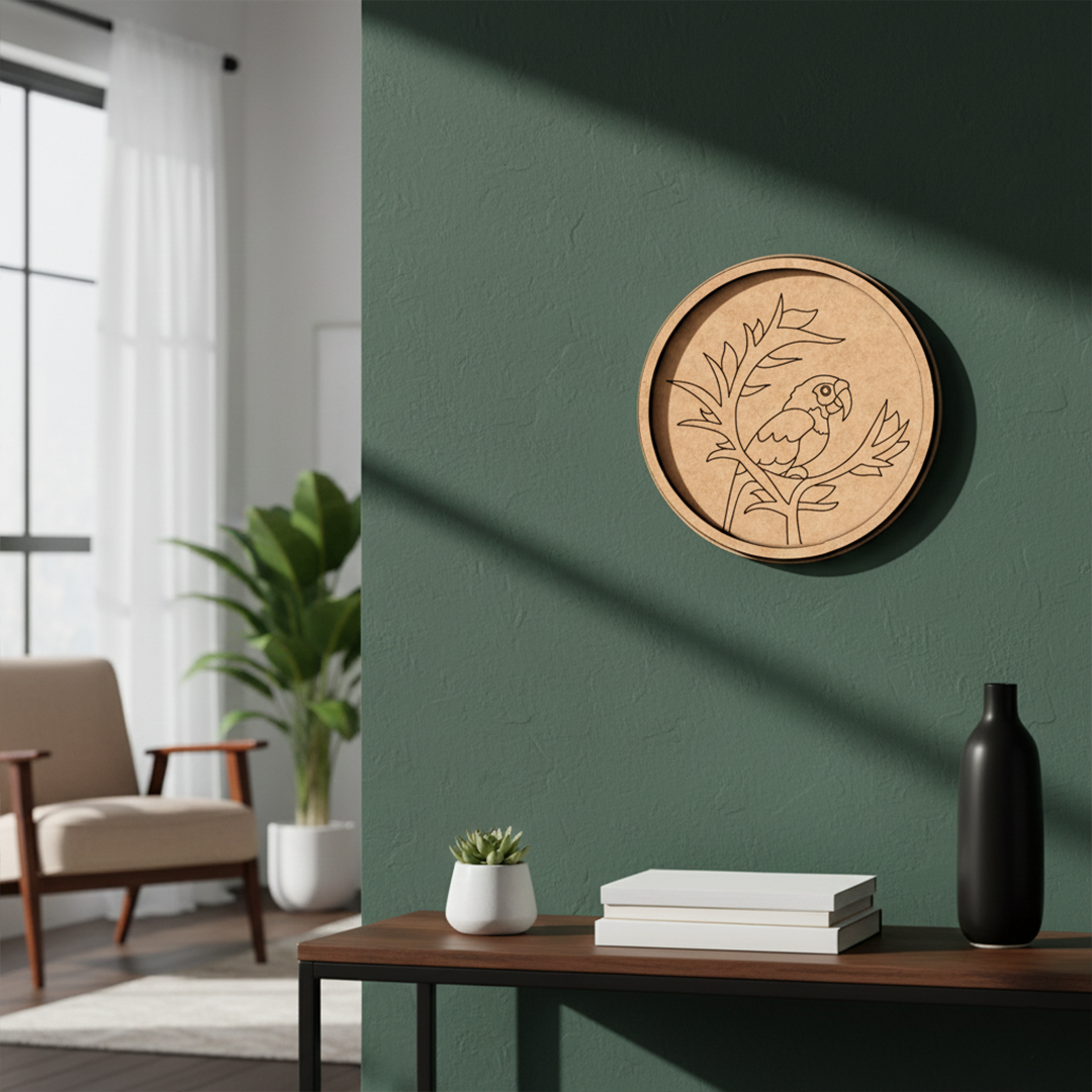 Round MDF board with pre marked parrot on branch design for DIY painting hanging on a wall