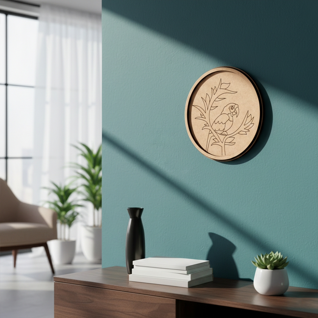 Round MDF board with pre marked parrot on branch design for DIY painting hanging on a wall