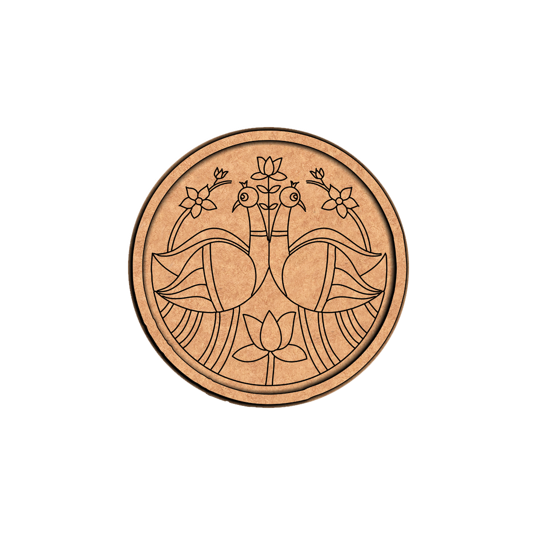 Engraved MDF round base with peacock and lotus design for DIY wall decor and painting projects