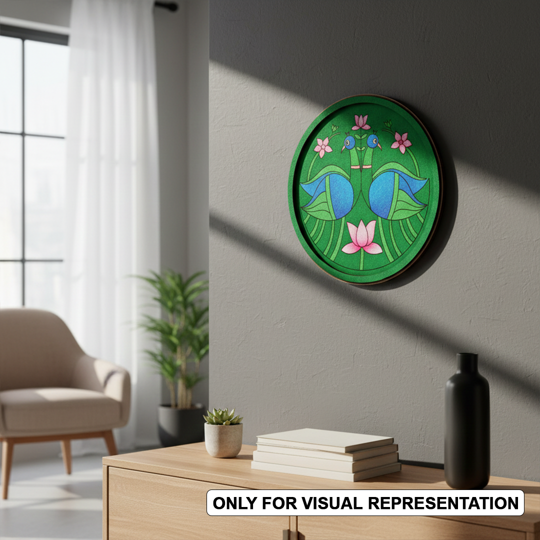 Engraved painted MDF round base with peacock and lotus design for wall decor and painting projects hanging on a wall