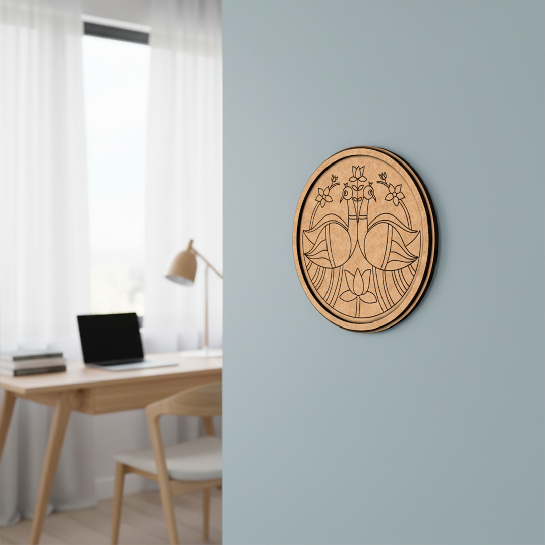 Engraved MDF round base with peacock and lotus design for DIY wall decor and painting projects hanging on a wall