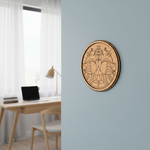 Engraved MDF round base with peacock and lotus design for DIY wall decor and painting projects hanging on a wall