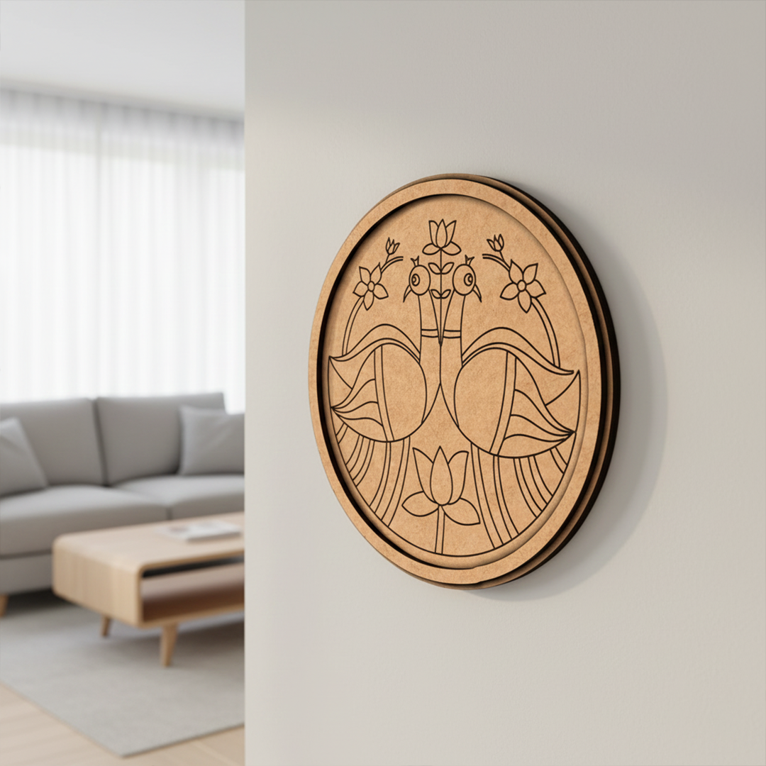 Engraved MDF round base with peacock and lotus design for DIY wall decor and painting projects hanging on a wall