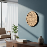 Engraved MDF round base with peacock and lotus design for DIY wall decor and painting projects hanging on a wall