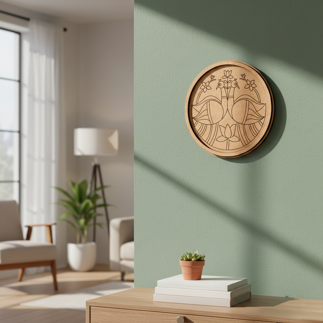 Engraved MDF round base with peacock and lotus design for DIY wall decor and painting projects hanging on a wall