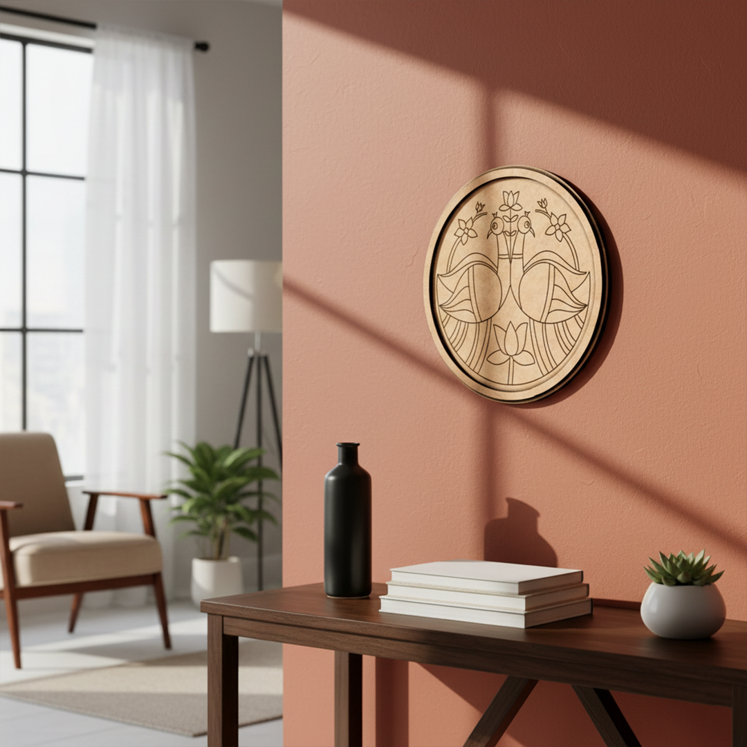 Engraved MDF round base with peacock and lotus design for DIY wall decor and painting projects hanging on a wall