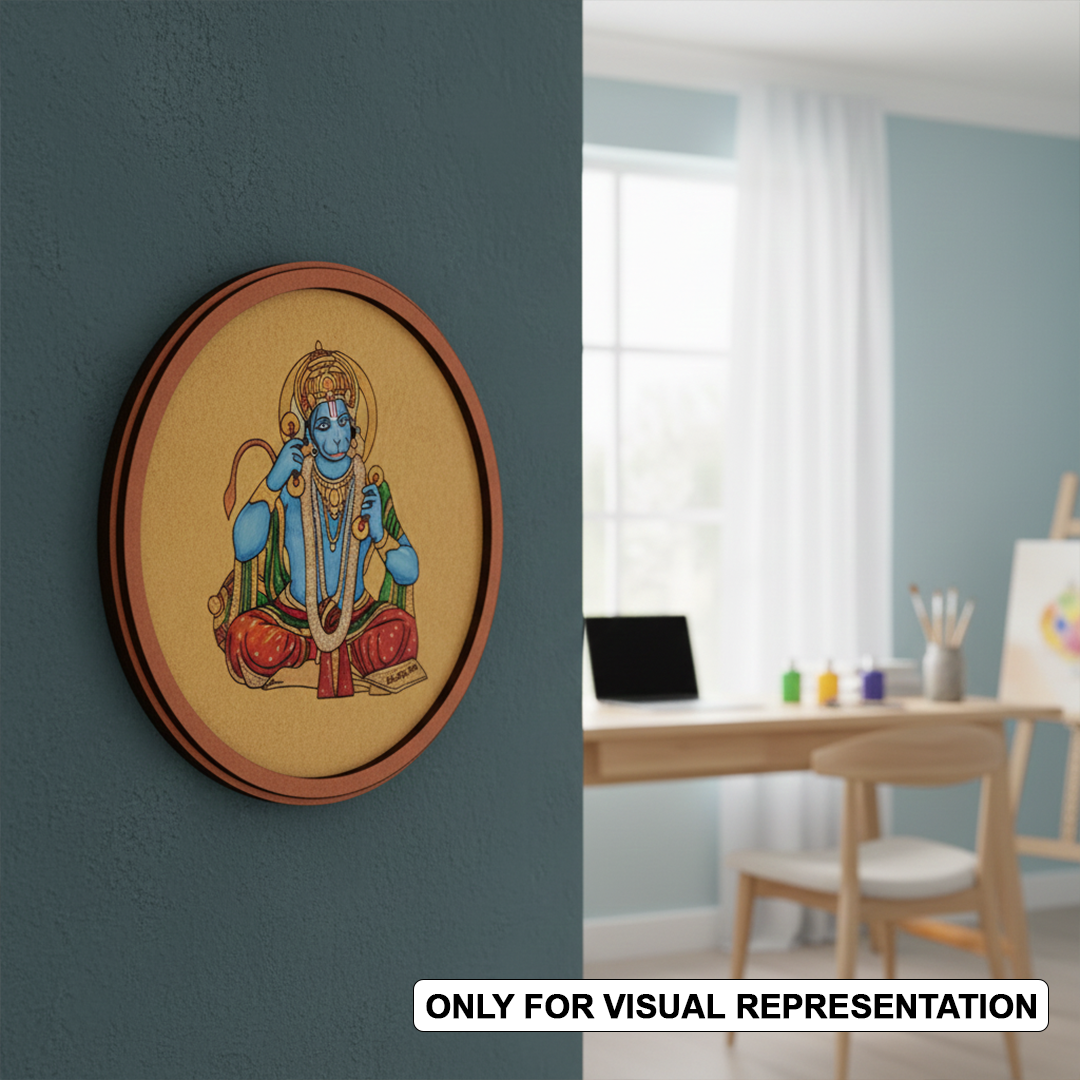 Laser engraved [painted MDF round base featuring Hanuman Ji design for DIY painting and wall decor hanging on a wall