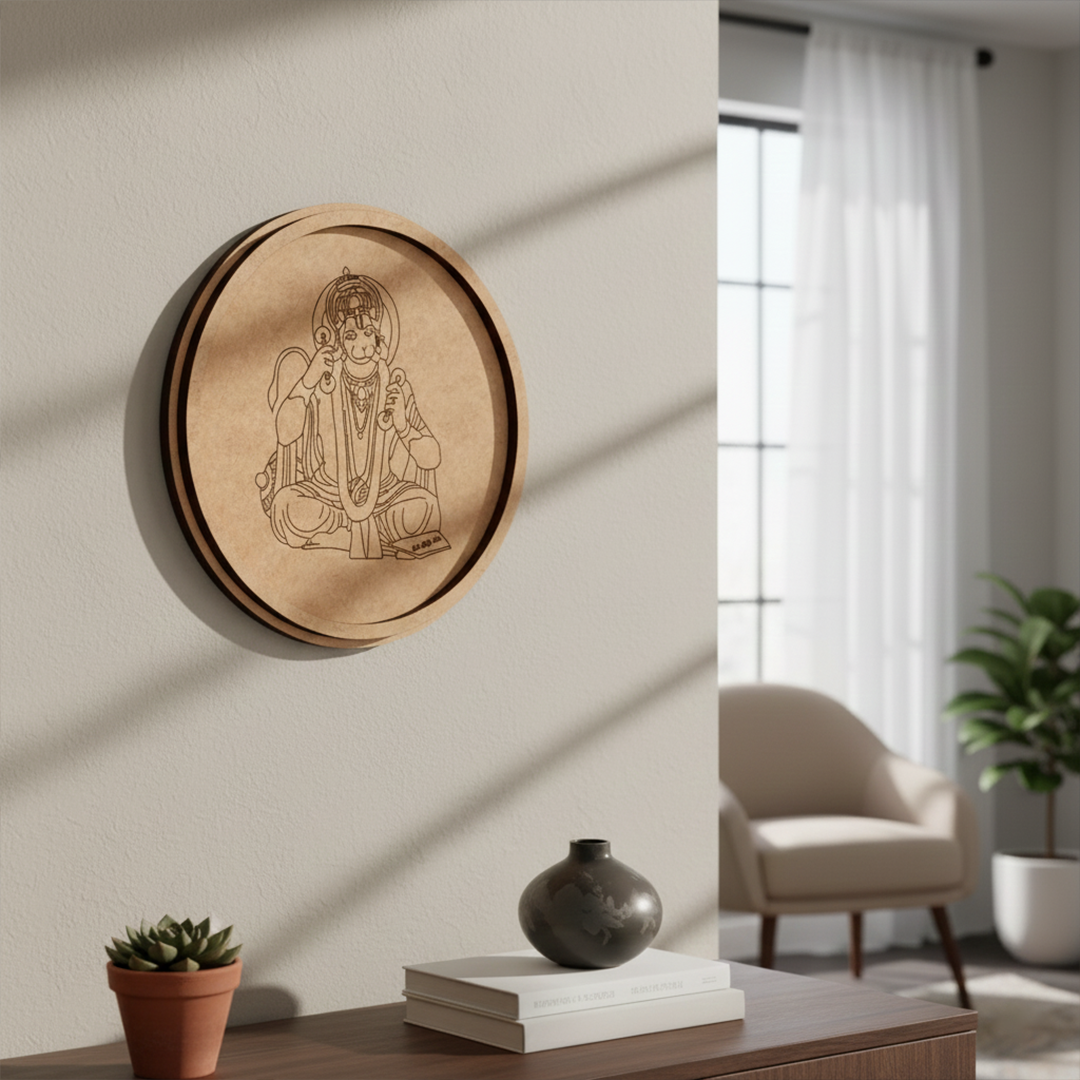 Laser engraved MDF round base featuring Hanuman Ji design for DIY painting and wall decor hanging on a wall