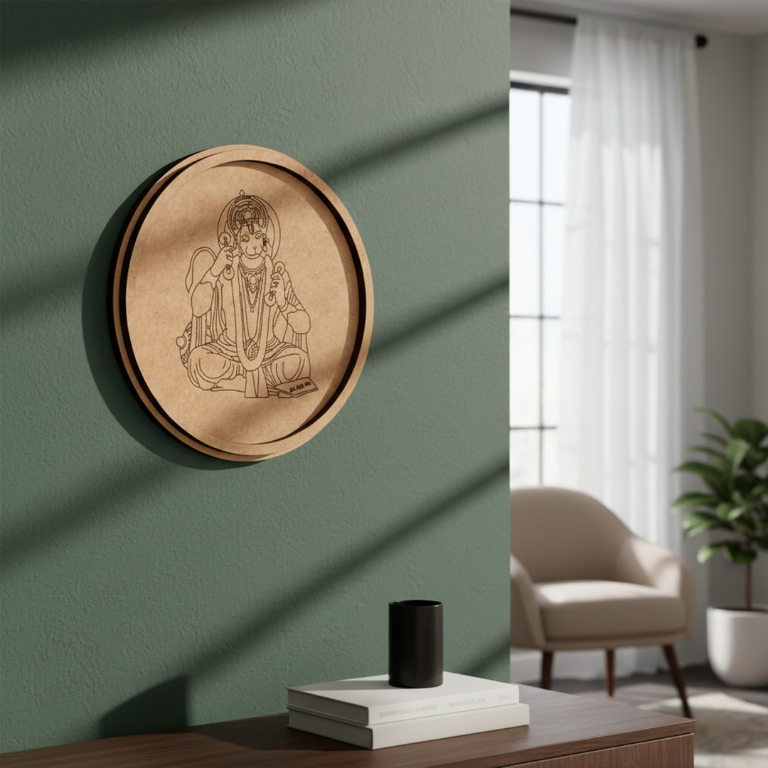 Laser engraved MDF round base featuring Hanuman Ji design for DIY painting and wall decor hanging on a wall