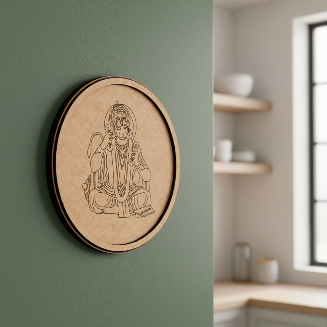 Laser engraved MDF round base featuring Hanuman Ji design for DIY painting and wall decor hanging on a wall