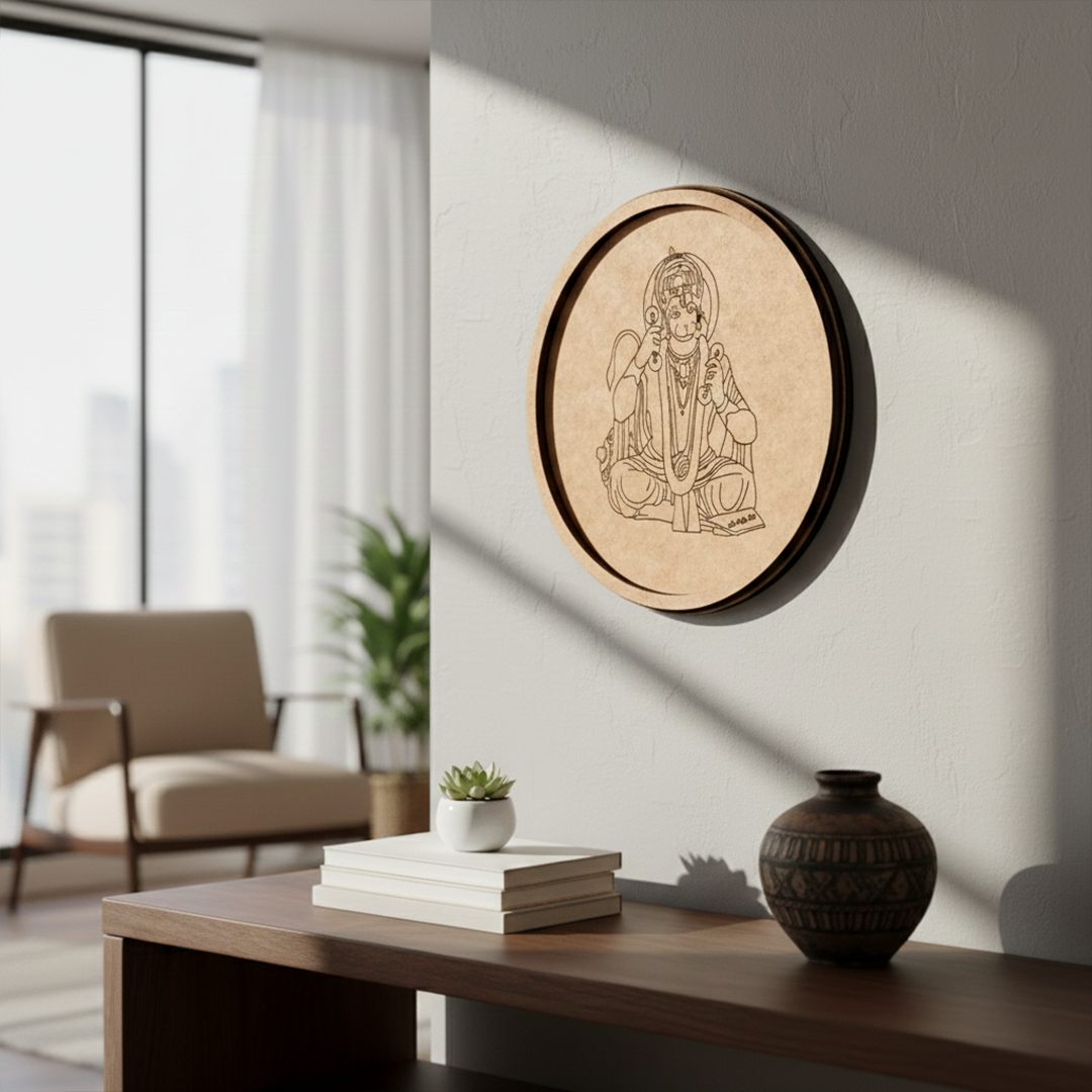Laser engraved MDF round base featuring Hanuman Ji design for DIY painting and wall decor hanging on a wall