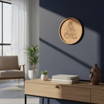 Laser engraved MDF round base featuring Hanuman Ji design for DIY painting and wall decor hanging on a wall