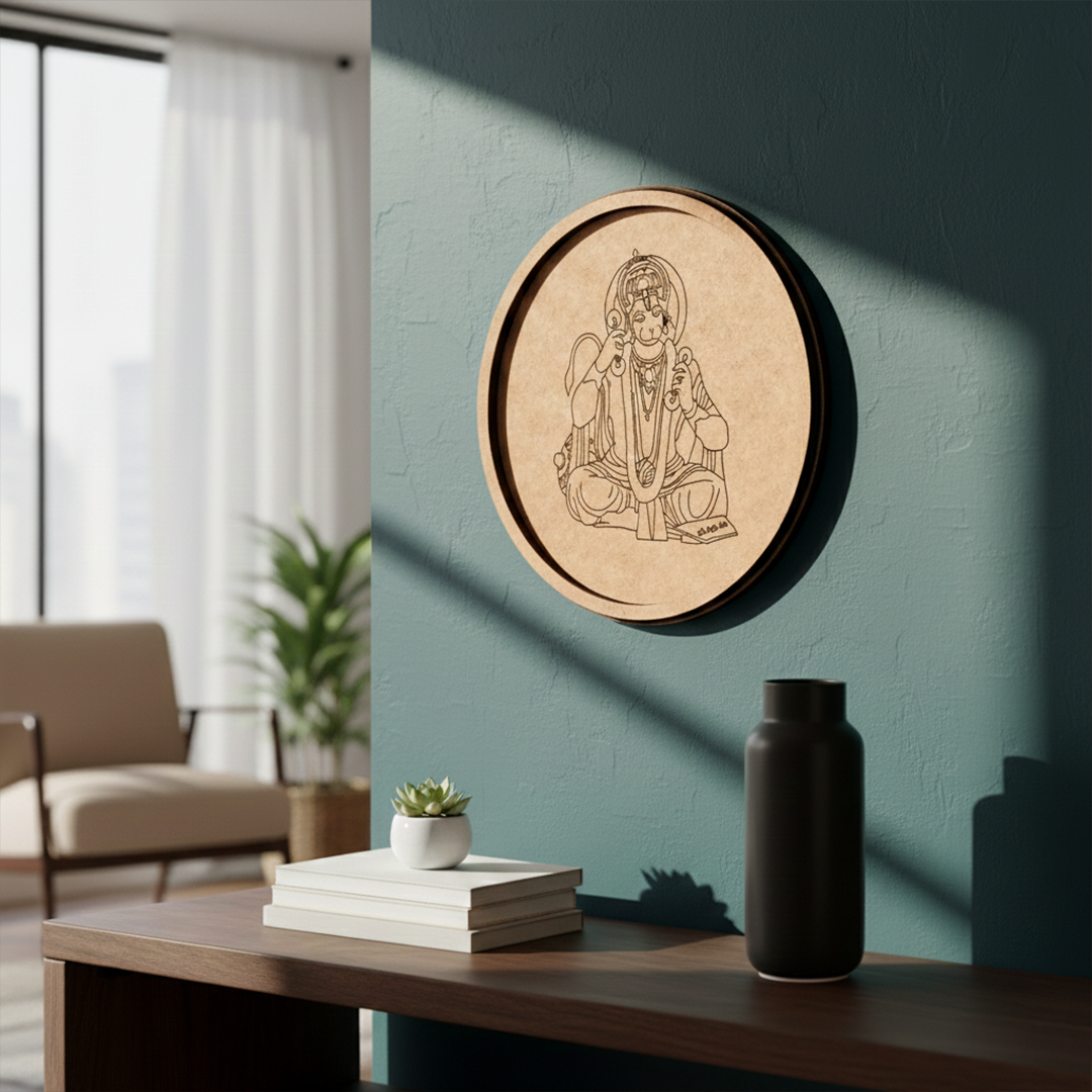 Laser engraved MDF round base featuring Hanuman Ji design for DIY painting and wall decor hanging on a wall