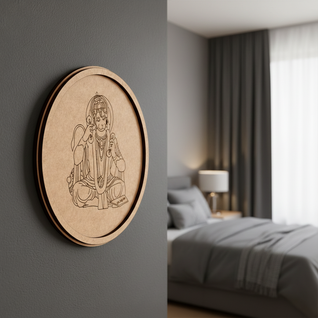 Laser engraved MDF round base featuring Hanuman Ji design for DIY painting and wall decor hanging on a wall
