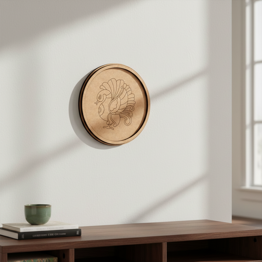 Bordered pre marked MDF round base with peacock design for DIY painting and craft projects hanging on a wall