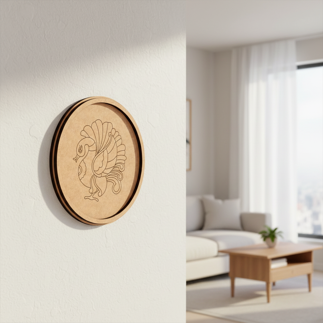 Bordered pre marked MDF round base with peacock design for DIY painting and craft projects hanging on a wall