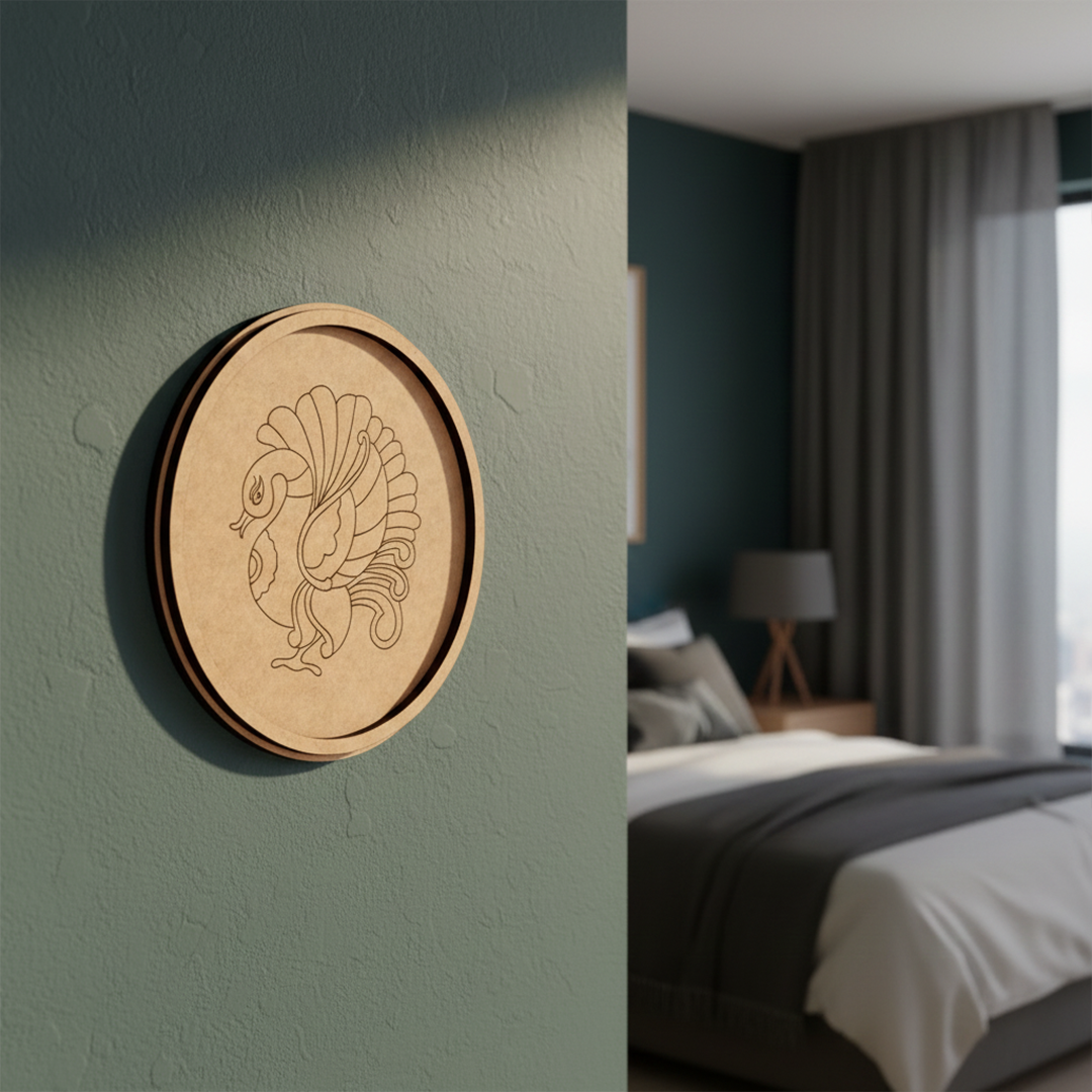 Bordered pre marked MDF round base with peacock design for DIY painting and craft projects hanging on a wall