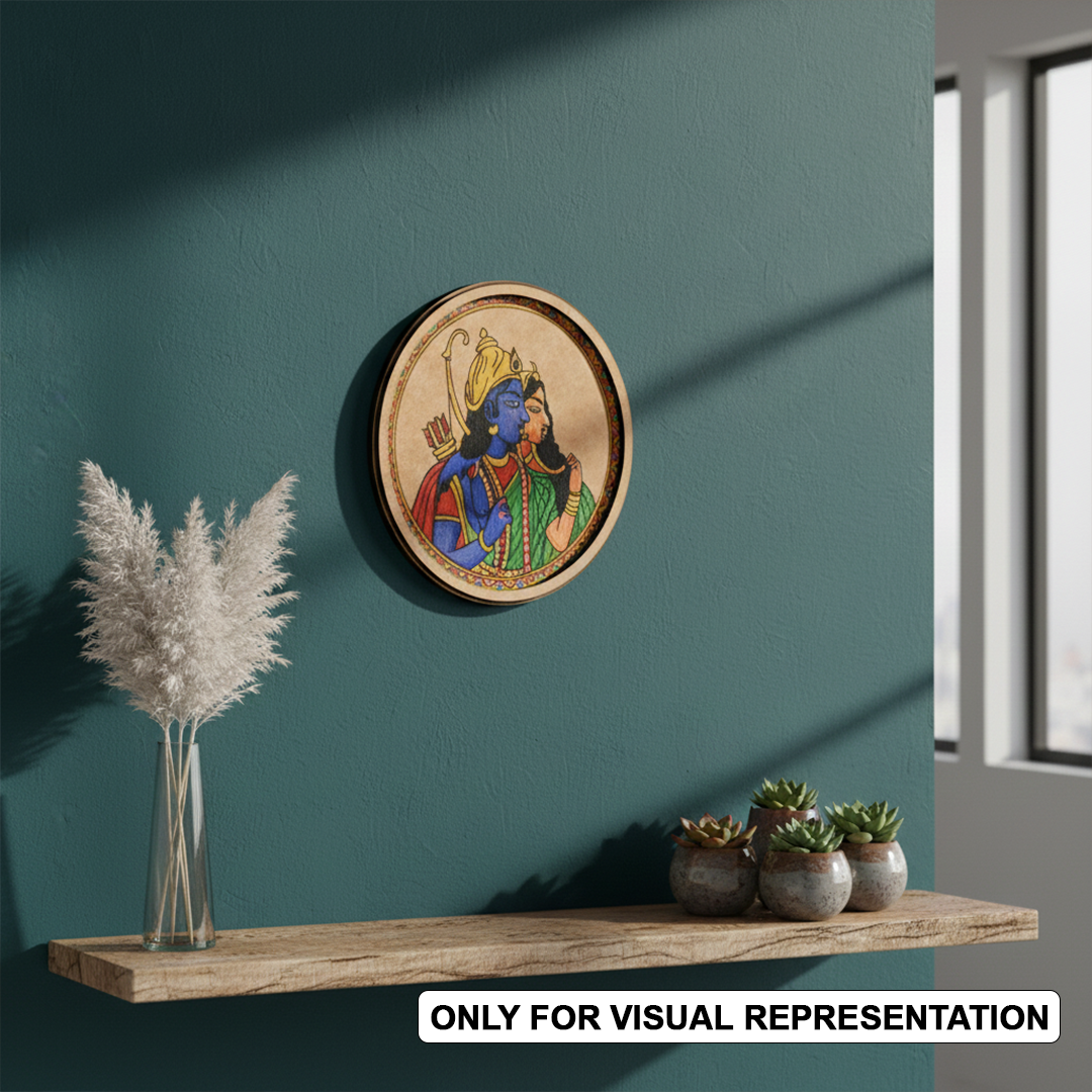 Bordered painted pre marked MDF round base with Ram Sita design for DIY painting and craft projects haning on a wall