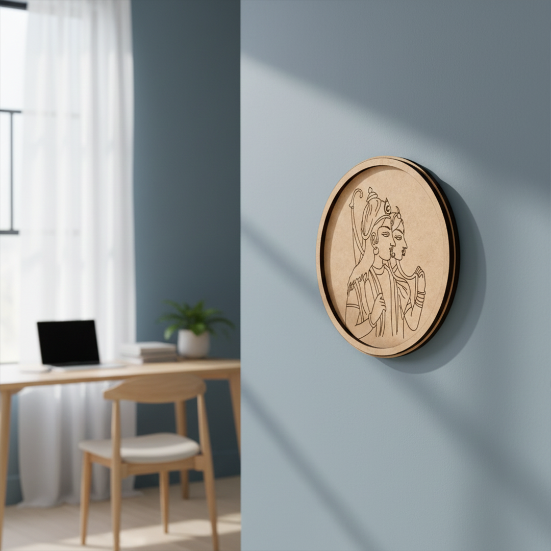 Bordered pre marked MDF round base with Ram Sita design for DIY painting and craft projects haning on a wall