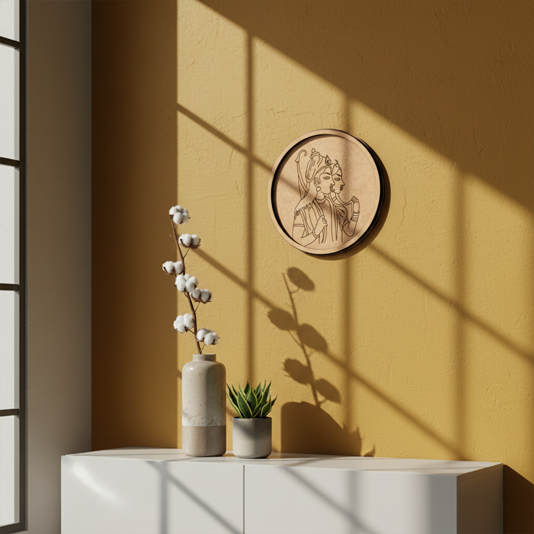 Bordered pre marked MDF round base with Ram Sita design for DIY painting and craft projects haning on a wall