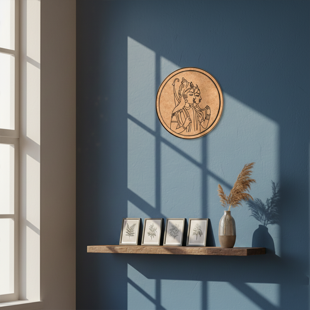 Bordered pre marked MDF round base with Ram Sita design for DIY painting and craft projects haning on a wall