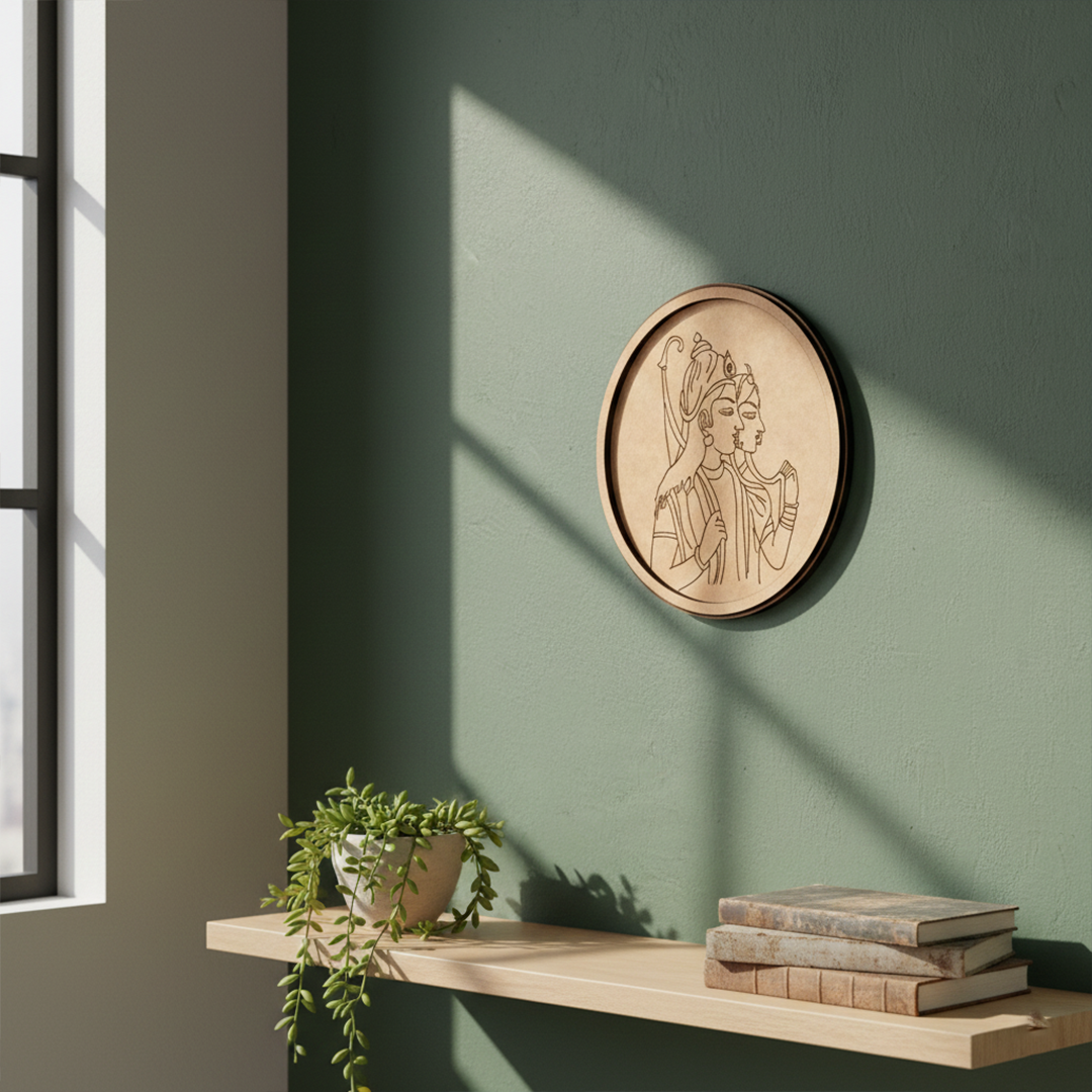 Bordered pre marked MDF round base with Ram Sita design for DIY painting and craft projects haning on a wall