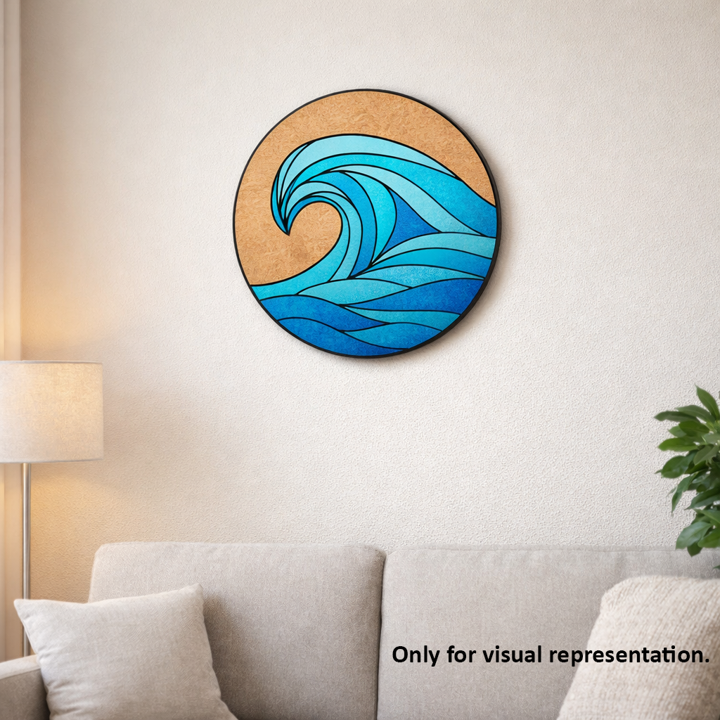 Decorative wall art with blue wave design on a beige wall above a sofa.