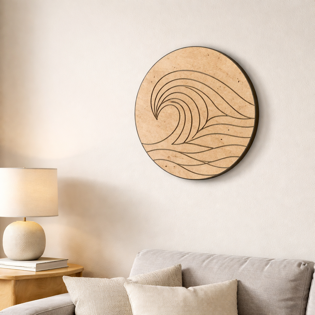 MDF DIY wall art piece with wavy pattern on a neutral wall above a sofa.