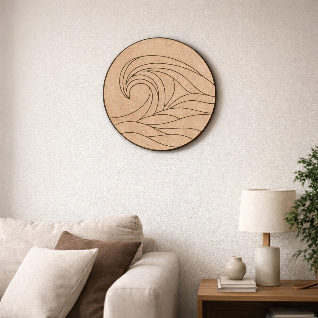 MDF DIY  wall art piece on a wall above a sofa in a living room.