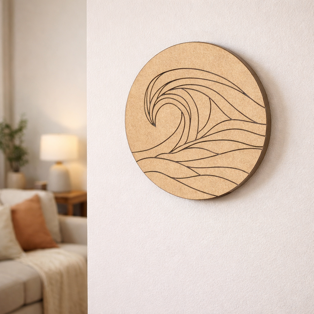 MDF DIY  wall art with wave design on a white wall above a sofa.