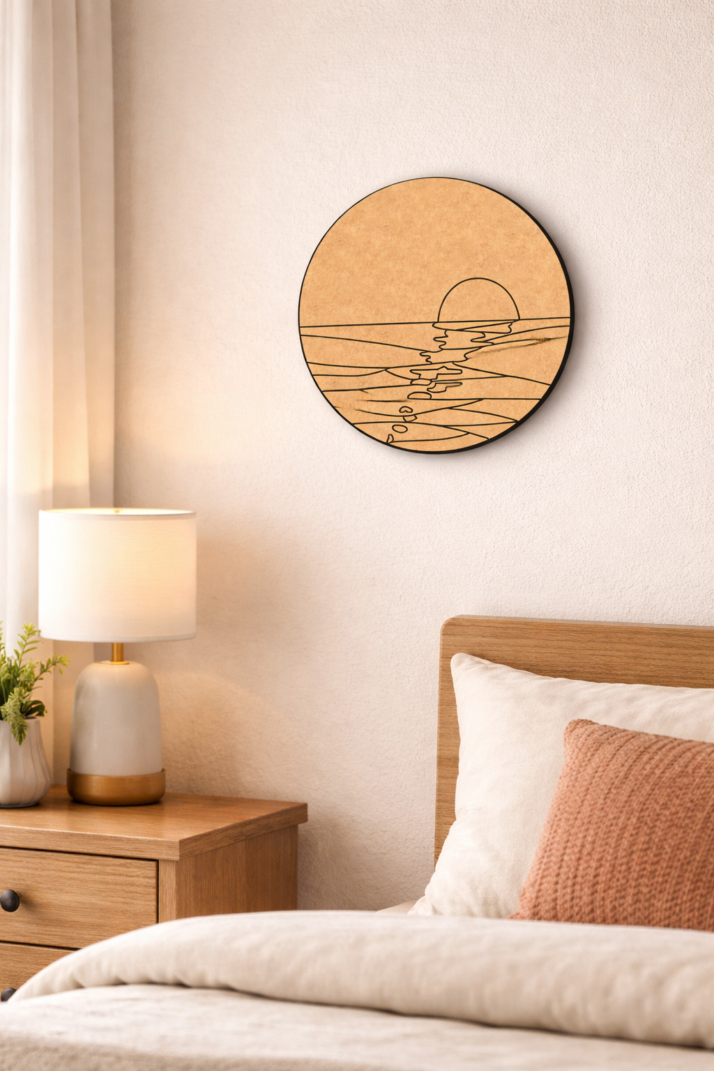 MDF DIY  wall art piece above a bed in a bedroom setting