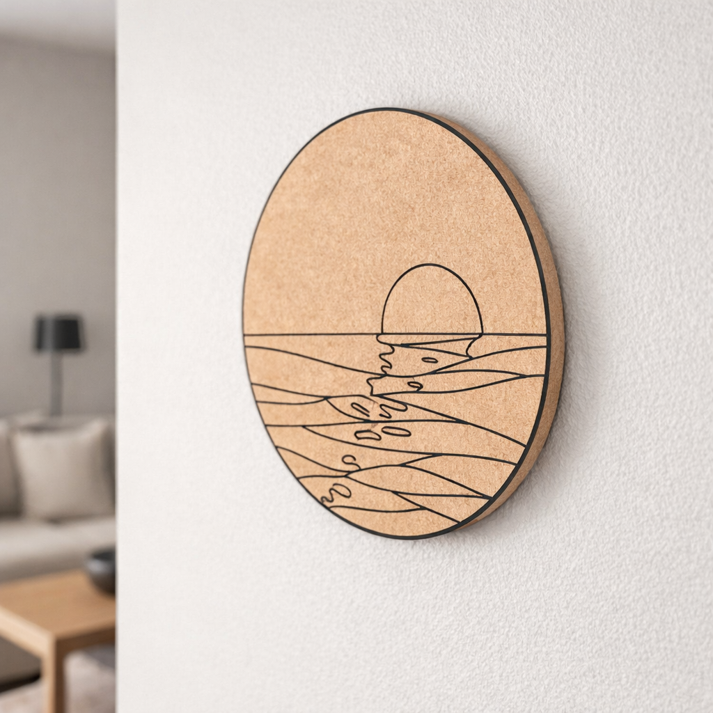 MDF DIY wall art with a minimalist design of a person and a moon on a plain wall.