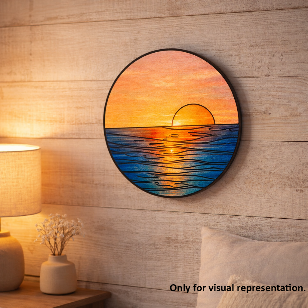 Decorative MDF DIY wall art of a sunset over water on a wooden wall.