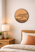 MDF DIY wall art piece above a bed in a bedroom setting.