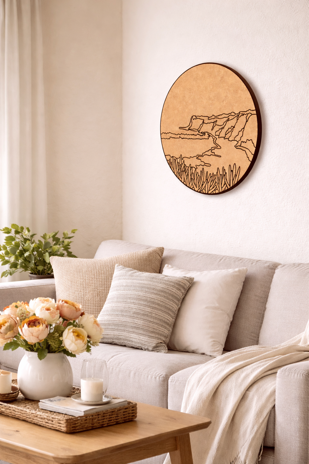 Decorative wall art above a sofa in a living room