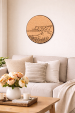 Decorative wall art above a sofa in a living room