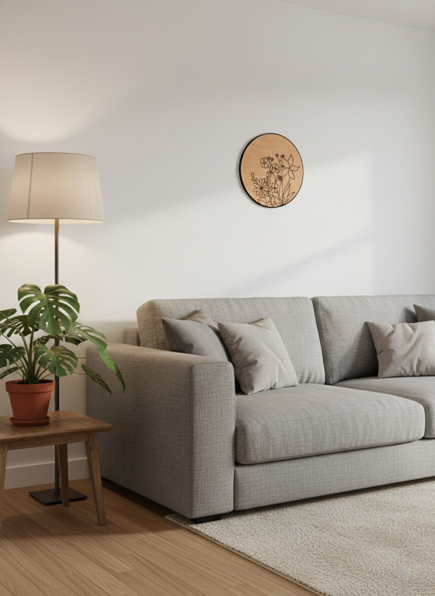 Living room with a gray sofa, lamp,  plant and MDF DIY Wall Art.