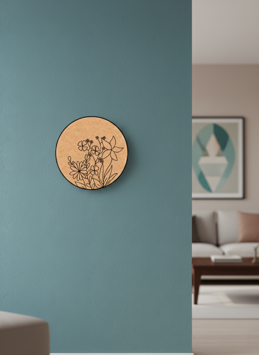 Round MDF DIY wall art with floral design on a teal wall in a living room.