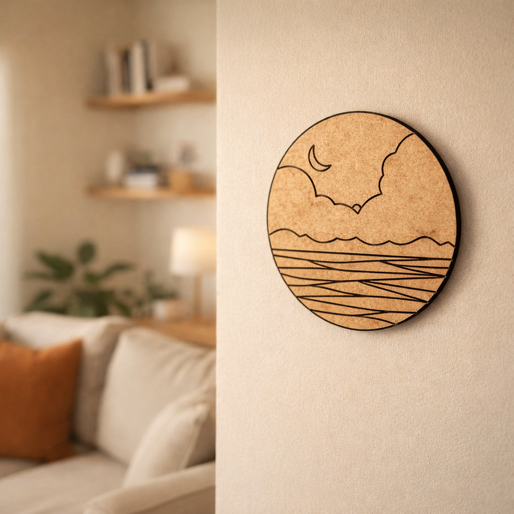 DIY MDF wall art with landscape design in a living room setting