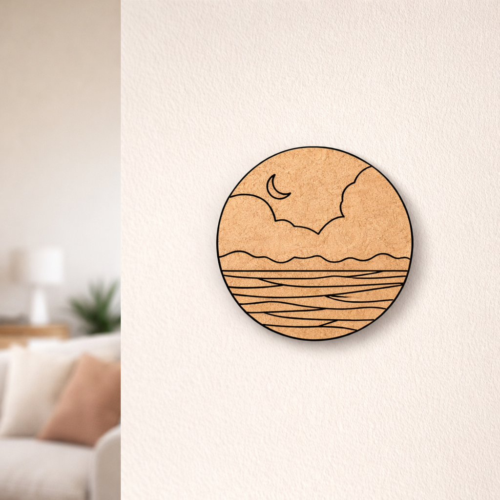 Round MDF DIY wall art with sunset design on a white wall